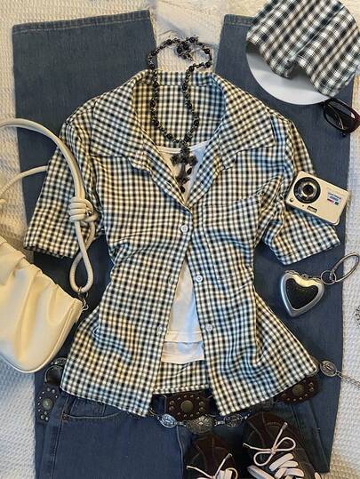 Glimmora Women's Casual Retro Plaid Short-Sleeved Shirt, Polo Collar Design, Casual And Comfortable, Suitable For Everyday Wear, Back-To-School Season, And As A Gift For Friends Or Matching Outfits