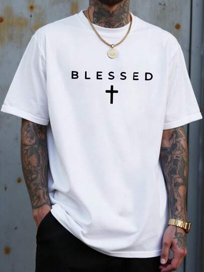 Manfinity Dauomo 【十字印花T恤】轻盈涤纶男士十字印花T恤 | 休闲圆领短袖，夏季休闲必备，日常穿着 | 休闲服饰 | 舒适合身