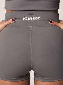 Missguided x Playboy 高腰交叉腰带运动短裤，饰有兔子图案，适合夏季瑜伽训练、健身运动和跑步等运动穿着。 - 灰色 - 查看 4