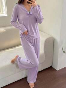 مجموعة بنطلون ولباس علوي بأكمام طويلة لون بنفسجي غامق بيجامات مريحة للبنات قطعتان - الأرجواني - مشاهدة 5