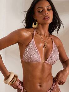 Opulessa 女士亮片拼接串珠吊带比基尼上衣，春假、夏季、情人节、海滩、休闲、度假、暑假、休闲、外出、派对 - 彩色 - 查看 6