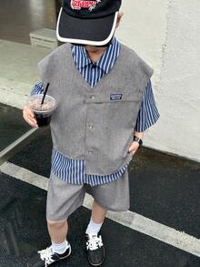 SHEIN Little Byeori 3pcs/Set Tween Boy Korean Style Sleeveless Cardigan,Blue White Stripe Short Sleeve T-Shirt&Shorts,Summer Streetwear School Back-To-School Boys Outfits - Multicolor - View 5