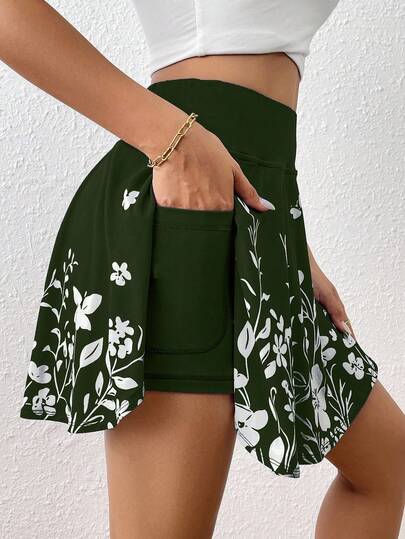 SHEIN Essnce Women's Summer Summer Outfits Casual Solid High Waist Skort With Phone Pocket Minimalist Flower Printed Shorts