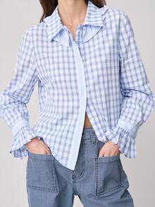 Nöista Checkered Blouse Features A Ruffled Collar And Cuffs Withith Its Button-Down. Spring, Summer, Woman. - Blue - View 1