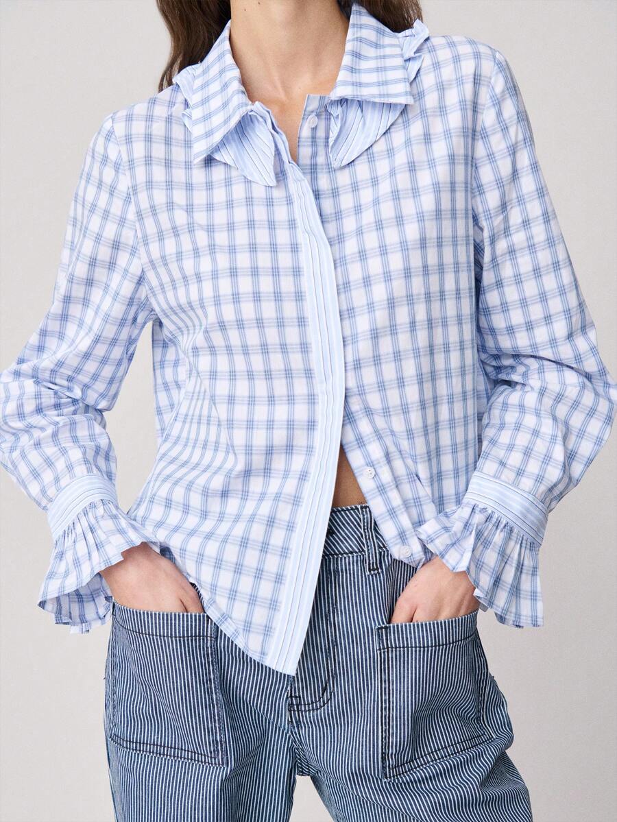 Nöista Checkered Blouse Features A Ruffled Collar And Cuffs Withith Its Button-Down. Spring, Summer, Woman. - Blue - View 1