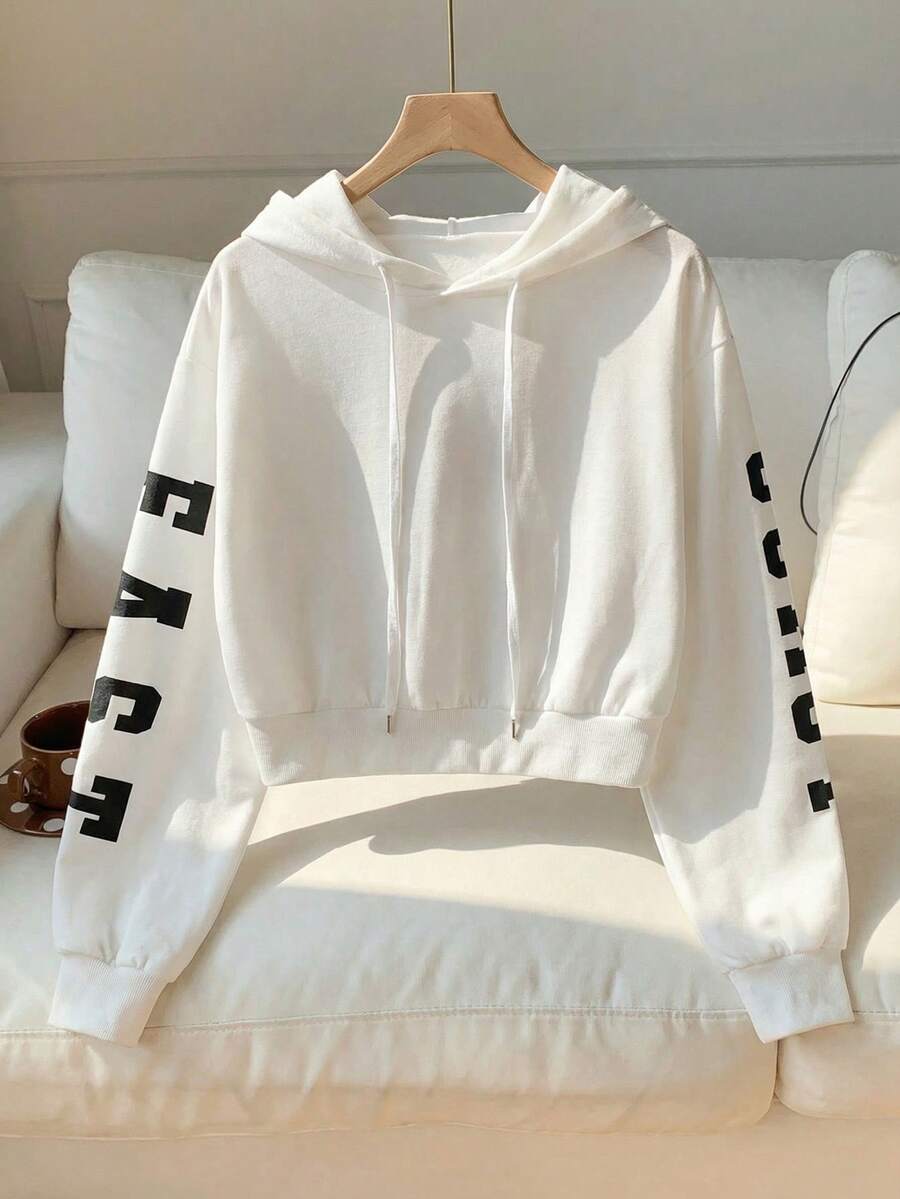 Comfortcana Áo hoodie nữ dáng ngắn có dây rút in họa tiết bờ biển phía Đông, thích hợp cho lễ tốt nghiệp, trang phục tựu trường, lễ tốt nghiệp, trang phục giáo viên cho nữ, trang phục tựu trường mùa thu/đông. - trắng - Xem 1
