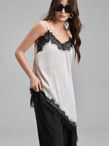 Ontre 女士缎面弹力面料舒适吊带长款上衣，修身剪裁，蕾丝饰边点缀，不对称下摆设计，现代都市休闲商务风，优雅夏季上衣 - 杏色 - 查看 6