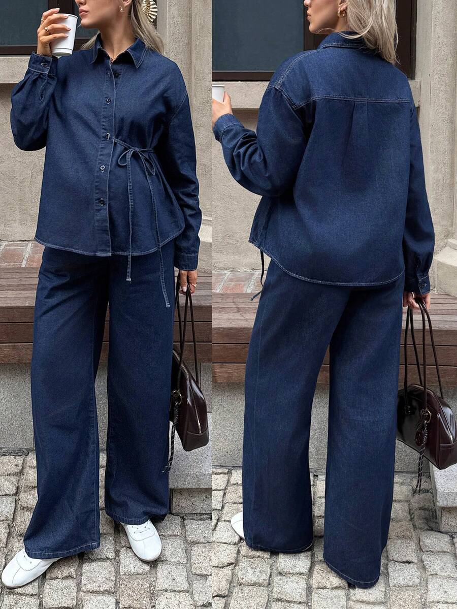 SHEIN Maternity Simple Solid Color Long Sleeve Top And Jeans Two Pieces Set, Casual Everyday Wear Spring Christmas New Year Thanksgiving Commuting Vacation Graduation Chic Y2k Cute Streetwear Coquette Party Wedding Elegant Business Casual Woman - Blue - View 1