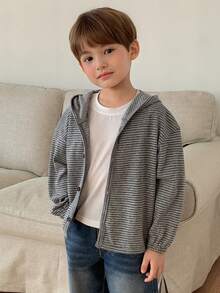 DAZY Young Boy Striped Print Hooded Casual Long Sleeve Jacket Spring - Grey - View 2
