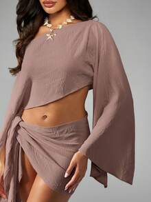 MISSGUIDED Off Shoulder Textured Cover Up With Bell Sleeves And Asymmetric Wrap Skirt Beach Resort Linen Feel Co Ord - Grey - View 6