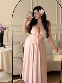 Flirla Plus Size Women Elegant Solid Color Knotted Camisole Dress - Pink - View 6