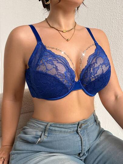DesireSculpt Plus Size Solid Color Lace Patchwork Underwire Bra