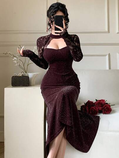 DAZY فستان طويل الأكمام متوسط الطول للنساء لحفلات الزفاف والمناسبات الرسمية، مصنوع من المخمل والدانتيل بتصميم مرقع، مناسب لحفلات عيد الميلاد والعودة إلى المدرسة في فصلي الخريف والشتاء