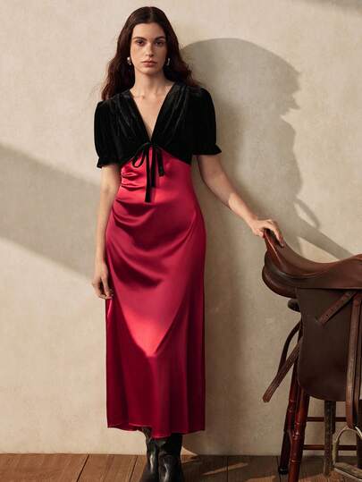 Uhlyne 女士优雅简约撞色拼接鸡尾酒会礼服，黑红配色