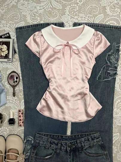 Glimmora Women's Patchwork Peter Pan Collar Cap Sleeve Front Tie T-Shirt