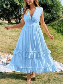 Flirla Gaun Wanita Ukuran Besar Elegan Warna Polos dengan Ruffle dan Tali Pengikat - Biru - View 1