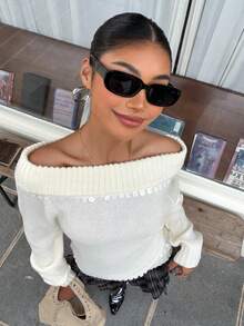 Muchica 性感铆钉露肩针织毛衣 - 米色 - 查看 3