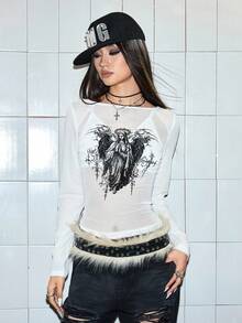 ROMWE Grunge Punk Y3K Virgin Mary Cyber Symbol Flocked Print Slim Fit Long Sleeve T-Shirt Top For Women - White - View 5