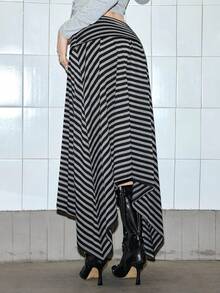 ROMWE Y2K休闲基础款黑灰条纹不对称下摆A字长裙（女款） - 黑色 - 查看 3