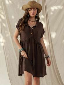 Wildy Women's Dark Brown Boho Summer Dress,American Western Country Vintage Daily Basic Outfits With Pockets,Short Sleeve Vacation Holiday Spring Dress - Coffee Brown - View 6