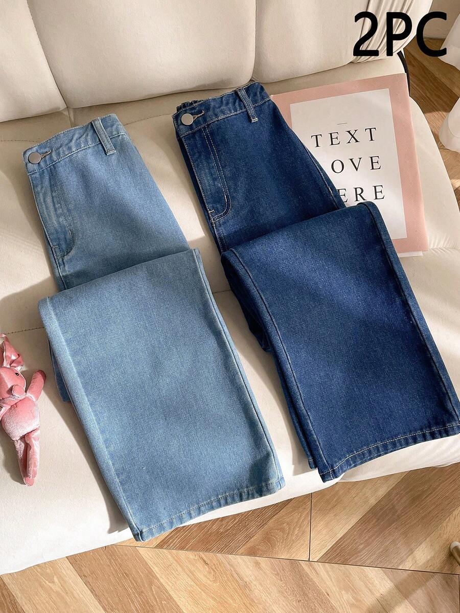 2pcs/Set Tween Girls Loose Casual Versatile Daily Wear Light Blue & Dark Blue Denim Jeans - Multicolor - View 1