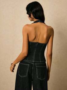 Poéselle New Arrival Women's Denim Tops Autumn Halter Neck Metal Decorative Buckle Tight Tops Daily Travel Party Wear French Elegant Style - Black - View 2