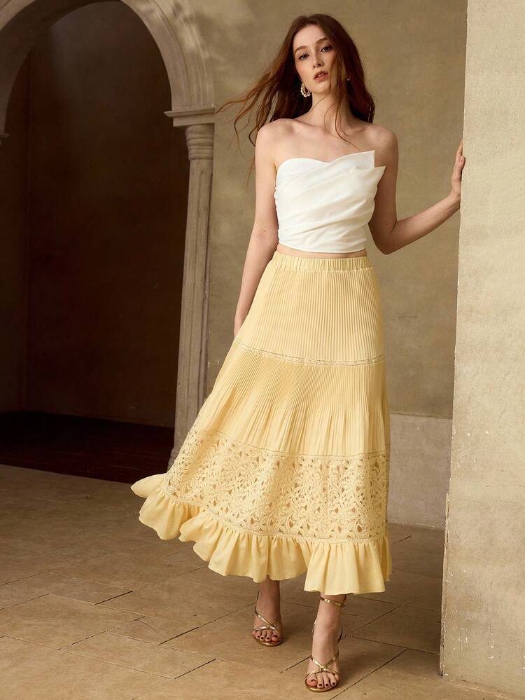 WOMEN'S SPRING/SUMMER A-LINE SKIRT WITH LACE PATCHWORK, TENCEL & WOOL BLEND