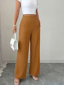 SHEIN Elenzya 女士收腰不对称流苏阔腿裤，优雅浪漫精致，休闲通勤外出皆宜 - 薑色 - 查看 3