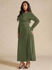 SHEIN BAE Váy xếp ly tay dài thanh lịch cỡ lớn dành cho nữ, màu vàng, mùa thu/đông - xanh quân đội - Xem 5