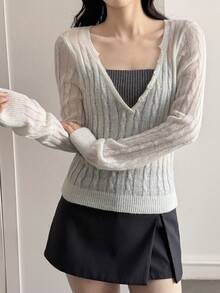 DAZY 女士纯色休闲长袖舒适半透明短款毛衣 - 白色 - 查看 4