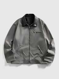 ROMWE MEN Street Life Erkekler için Günlük Şık Sokak Giyim, Yama Kumaşlı Fermuarlı Ceket, Sonbahar