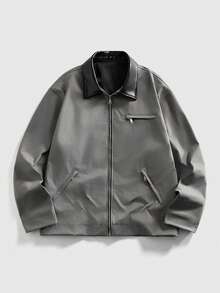 ROMWE MEN Street Life Men's Casual Fashion Street Daily Commute Patchwork Fabric Zip-Up Jacket, Autumn - Grey - View 1