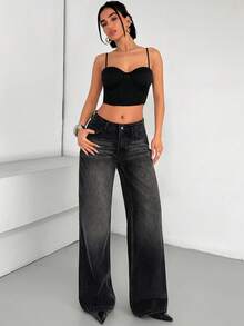 SHEIN Cottnline Low Waist Washed Blue Loose Straight Leg Denim Women Jean - Black - View 4