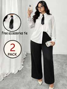 Elenzga Conjunto casual de blusa de manga larga con cuello de corbata y pantalones a rayas de talla grande para mujer, adecuado para ir al trabajo y uso diario - Blanco y Negro - Ver 1