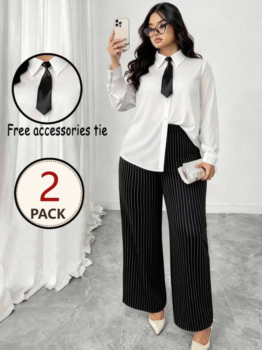 Elenzga Conjunto casual de blusa de manga larga con cuello de corbata y pantalones a rayas de talla grande para mujer, adecuado para ir al trabajo y uso diario - Blanco y Negro - Ver 1