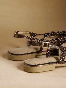 Rosivie 女士平底凉鞋，金色编织带闭趾平底鞋 - 咖啡棕 - 查看 3