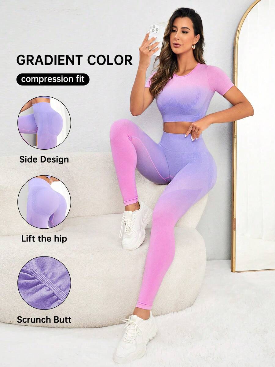 Easithlete Ombre Print Tummy Control Sports Set Workout Women Setwomen Workout Set - Pink - View 1