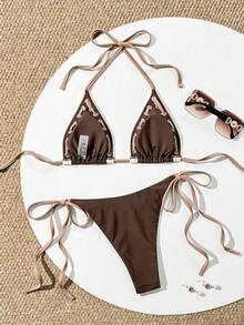 Swim Vcay Bộ bikini 2 mảnh dây buộc cổ điển màu tương phản, đồ bơi dây thừng thủ công cho nữ, đồ bơi cho kỳ nghỉ bãi biển ngọt ngào - Nhiều màu - Xem 3