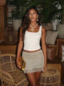 Opulessa Women's Solid Color Fringe Design Fashion Versatile Vacation Knit Skirt, Spring Break Outfits, Summer Outfits, Valentine's Day, Beach Skirt, Elegant Wedding Guest Skirt, Birthday Skirt, Casual Dresses, Vacation Outfits, Going Out Skirt - Gold - View 1