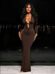 Zyxie 女士性感修身系带镂空长裙，春夏款 - 摩卡棕 - 查看 4