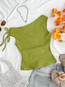 SHEIN Teen Girls' Knitted Olive Green Jacquard Asymmetric Shoulder Bow Decor Ruched T-Shirt,Cute Summer Vacation Holiday Ribbed Tube Top Camisole Set - Olive Green - View 2
