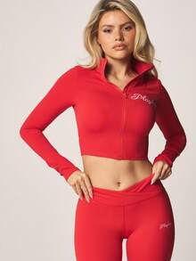 Missguided x Playboy Full-Zip Hooded Track Jacket With Script Logo Long Sleeve Red Athletic Wear Training Outerwear - Red - View 1