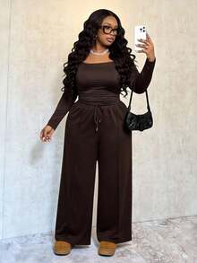 Slaydiva طقم قميص وبنطلون بلون أحادي للمقاسات الكبيرة، كاجوال للخريف/الشتاء - بني - مشاهدة 7