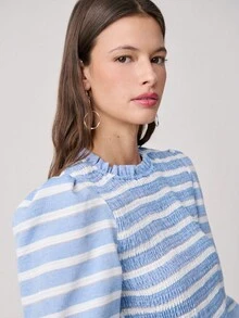 Nöista Striped Blouse Features Puffed Long Sleeves With Ruffled Cuffs And A Delicate Peplum Hem. Fitted Silhouette. Spring, Summer. - Blue - View 6