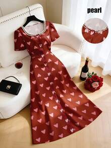 SHEIN LUNE Elegantes rosa Sommer-Jubiläums-Kleid für Damen mit Herz-Design, französischer Chic, rot, mit Perlenbesatz, Puffärmeln, A-Linie, lang, mit Knopfleiste vorne, für den Valentinstag, für zierliche Damen - Bordeaux - Übersicht 1