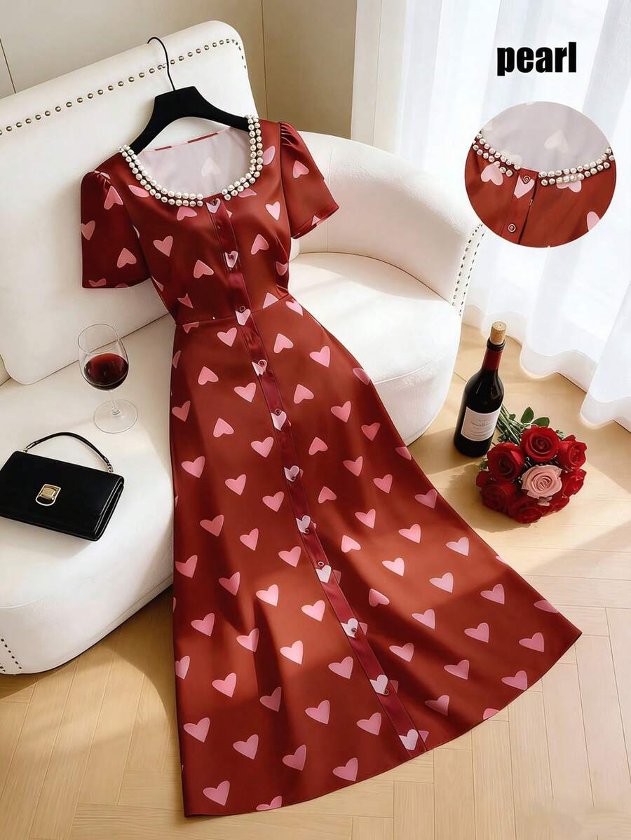 SHEIN LUNE Elegantes rosa Sommer-Jubiläums-Kleid für Damen mit Herz-Design, französischer Chic, rot, mit Perlenbesatz, Puffärmeln, A-Linie, lang, mit Knopfleiste vorne, für den Valentinstag, für zierliche Damen - Bordeaux - Übersicht 1