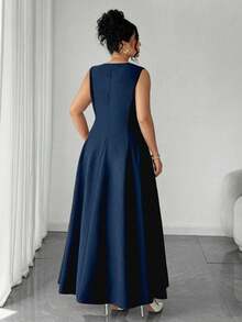 Elenzga 大码女士V领双排扣无袖优雅连衣裙 - 藏蓝色 - 查看 2