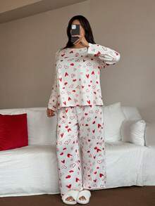Plus Size Heart Print Crew Neck Long Sleeve Pajama Set, Valentine's Day Print Sleepwear Curve Pajamas Set Women Pjs Set Pajama Sets For Women Long Sleeve Heart Pajama Set Comfy Pajamas Set - Multicolor - View 4
