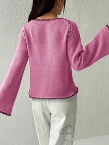 Flirla Women's Contrast Trim Raglan Sleeve Flared Cuff Casual Knit Cardigan - Hot Pink - View 2