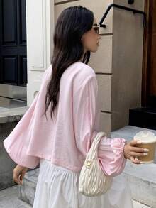 Solavon Áo nữ tay dài đơn giản, màu trơn, kiểu dáng thường ngày, buộc dây. - Hồng - Xem 3